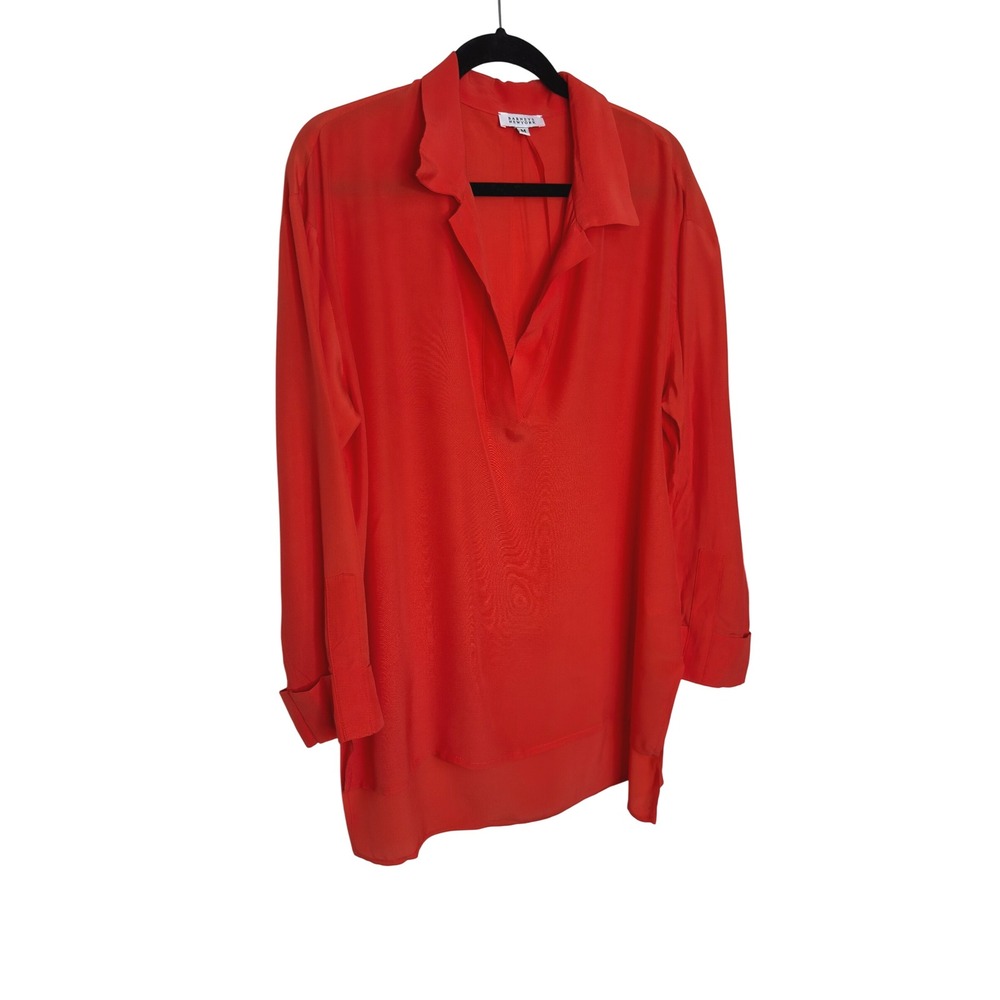 Barneys New York Red Tunic Blouse Collared Long‎ Sleeve Top Relaxed  sz M